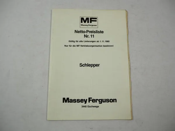 Original Preisliste Massey Ferguson MF Schlepper und Zubehör 1980