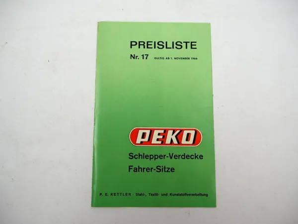 Original Preisliste Peko Verdeck Fahrersitz für Schlepper 1966