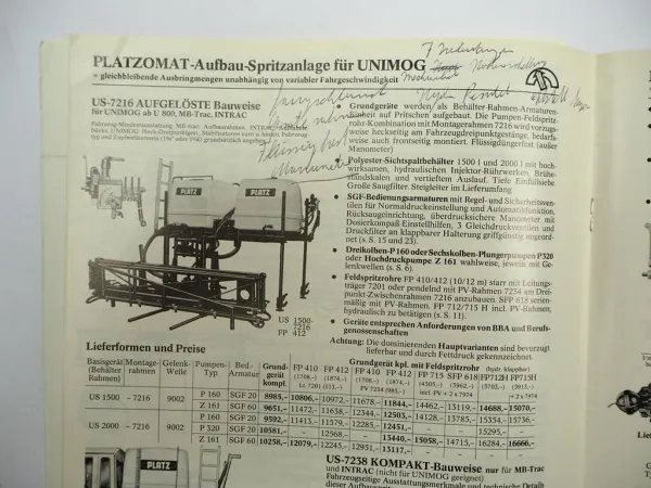 Original Preisliste Platz Pflanzenschutzgeräte Spritzgeräte Programm 1982
