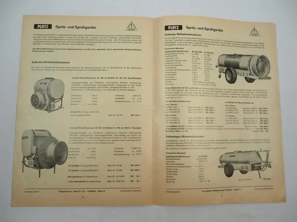 Original Preisliste Platz Pflanzenschutztechnik Spritzgeräte z.B. an Unimog 1966