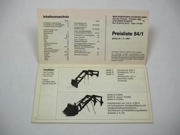 Original Preisliste Schäffer Frontlader Anbaugeräte für Schlepper 1984/1