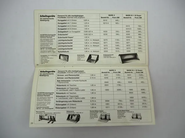 Original Preisliste Schäffer Frontlader Anbaugeräte für Schlepper 1984/1