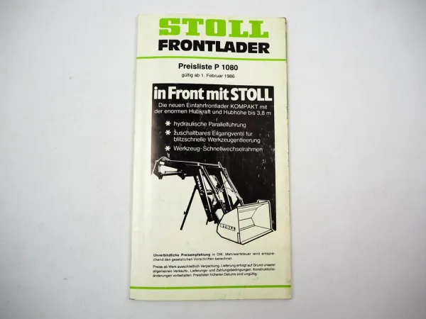 Original Preisliste Stoll Frontlader für Schlepper Case Deutz Eicher Fendt 1986