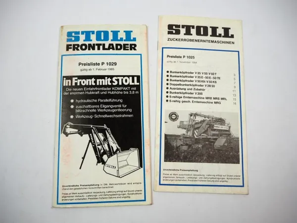 Original Preisliste Stoll Frontlader für Schlepper Rübenerntemaschinen 1984/85
