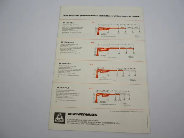 Original Prospekt Atlas 1403 Anbau Kran für LKW 1983 mit technischen Daten