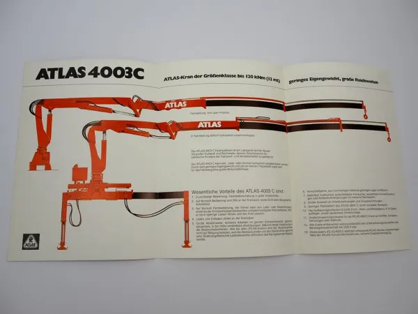 Original Prospekt Atlas 4003C Anbau Kran für LKW 1983 mit technischen Daten