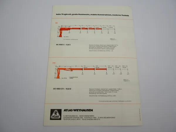 Original Prospekt Atlas 4003C Anbau Kran für LKW 1983 mit technischen Daten