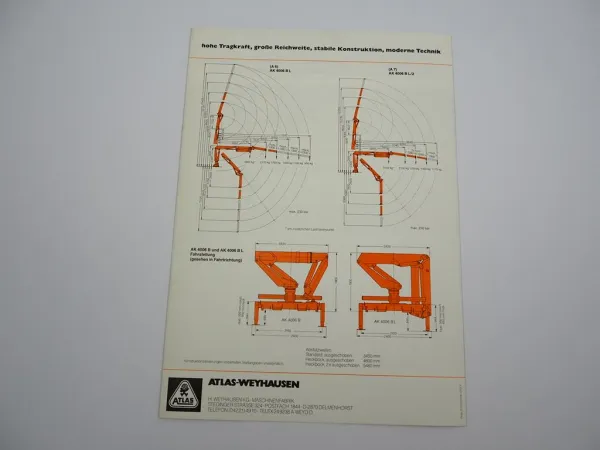 Original Prospekt Atlas 4006B Anbau Kran für LKW 1982 mit technischen Daten