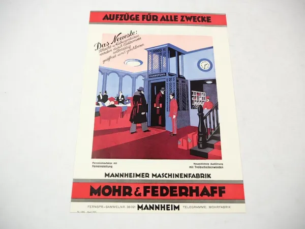 Original Prospekt Aufzüge Mohr & Federhaff Mannheimer Maschinenfabrik 1929