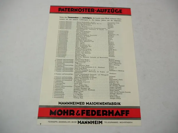 Original Prospekt Aufzüge Mohr & Federhaff Mannheimer Maschinenfabrik 1929