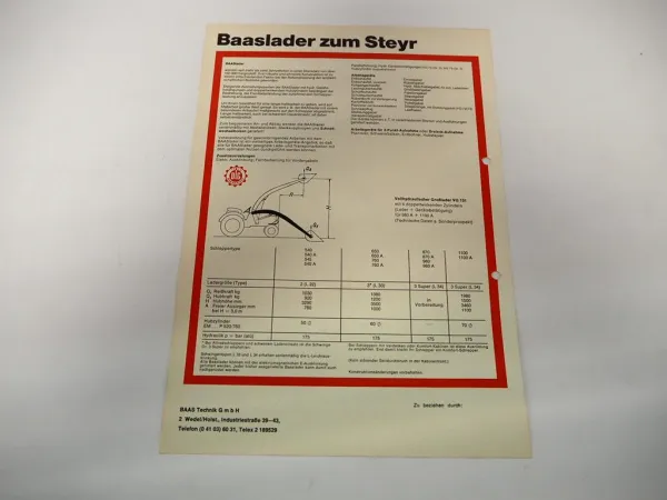 Original Prospekt Baas Frontlader für Steyr Schlepper 1970er Jahre
