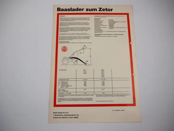 Original Prospekt Baas Frontlader für Zetor Schlepper 1970er Jahre