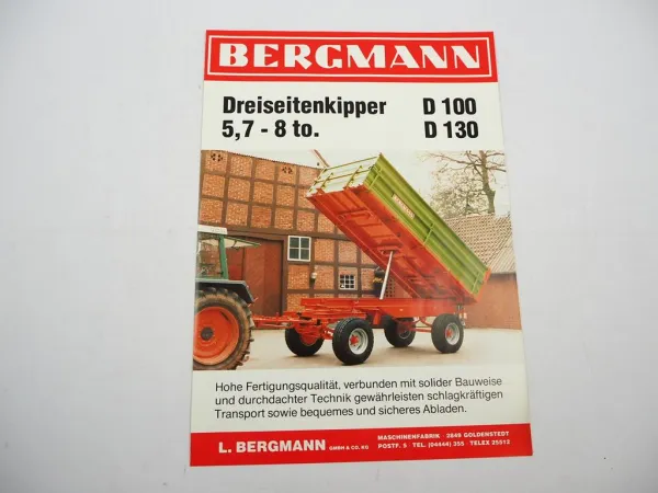 Original Prospekt Bergmann D 100 130 Dreiseitenkipper Anhänger 1980/90er Jahre