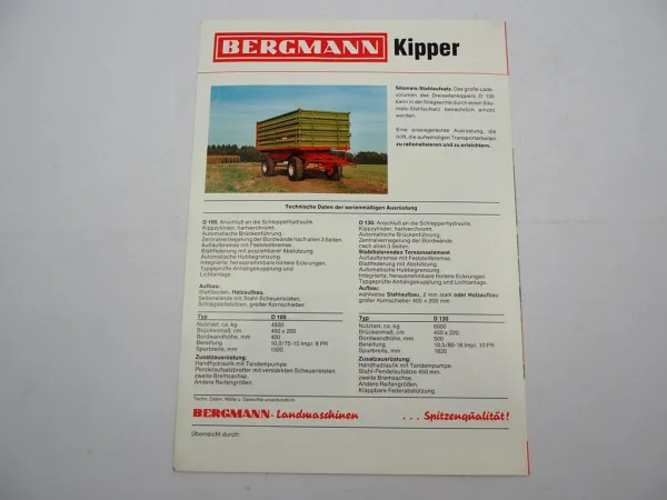 Original Prospekt Bergmann D 100 130 Dreiseitenkipper Anhänger 1980/90er Jahre