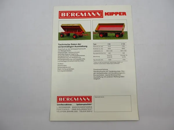 Original Prospekt Bergmann Z 90 130 Zweiseitenkipper Anhänger 1980/90er Jahre