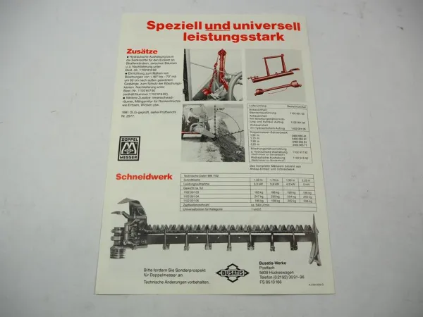 Original Prospekt Busatis BM1102 Mähwerk an IHC Schlepper 1983