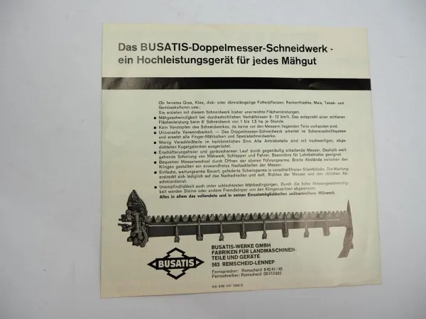 Original Prospekt Busatis BM320 KW Mähwerk am Deutz Schlepper 1969