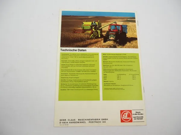 Original Prospekt Claas Compact 30 Mähdrescher 1975 mit technischen Daten