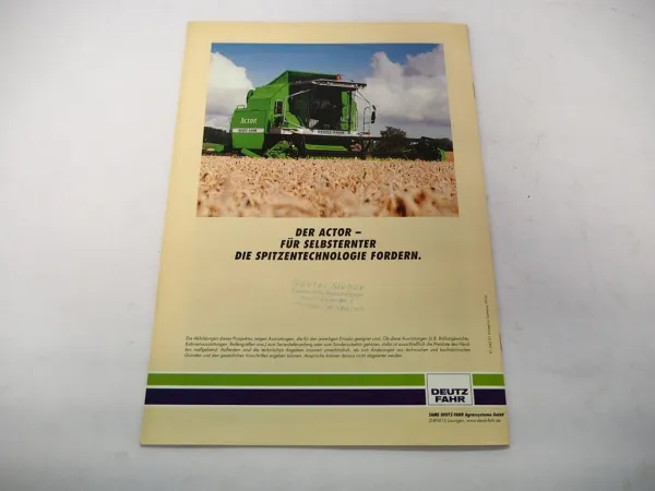 Original Prospekt Deutz Fahr Actor 5510 5520H Mähdrescher 1999