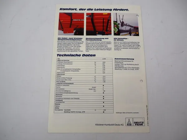 Original Prospekt Deutz Fahr L510 Ladewagen ca. 1985