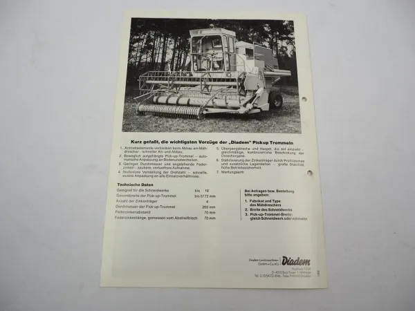 Original Prospekt Diadem Pickup Trommel an Mähdrescher Claas 1970er Jahre