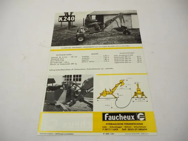 Original Prospekt Faucheux Kleinbagger K 240 Grabbagger mit 2 Seiten von 02/1984