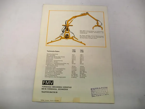 Original Prospekt FMV Schweden Forst Ladekran an Volvo BM Schlepper