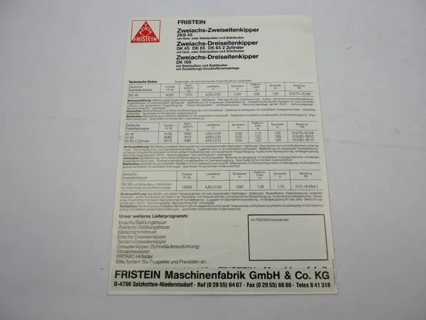 Original Prospekt Fristein ZKS DK Zweiachs Kippanhänger ca. 1980er Jahre