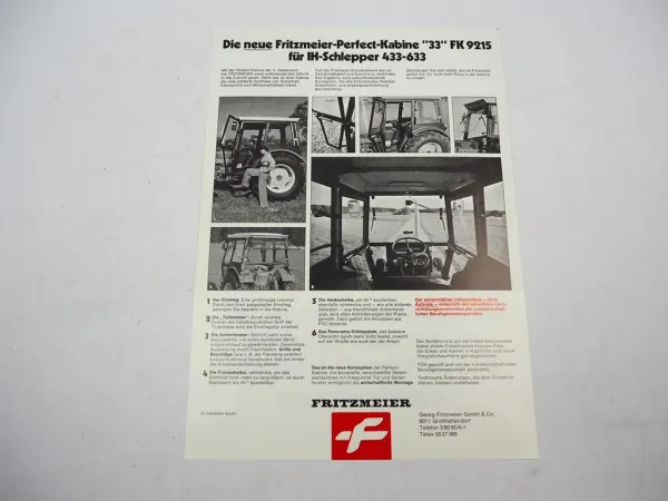 Original Prospekt Fritzmeier Kabine 33 FK9215 für IHC Schlepper 1980er Jahre