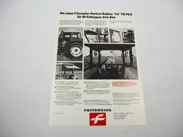 Original Prospekt Fritzmeier Kabine 44 FK9215 für IHC Schlepper 1980er Jahre