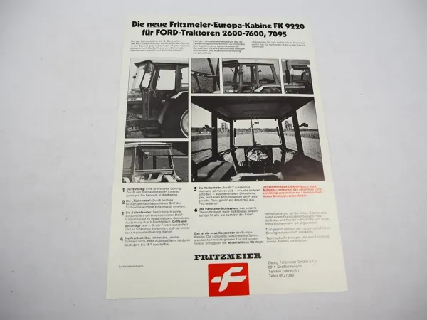 Original Prospekt Fritzmeier Kabine für Ford 2600 bis 7600 7095 ca. 1980er Jahre