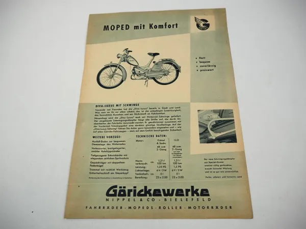 Original Prospekt Görickewerke Görette Roller Diva Luxus Moped ca. 1950er Jahre