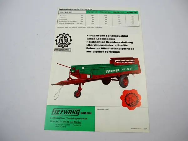 Original Prospekt Heywang Farmer Super Uni Einachs Stalldungstreuer 1972