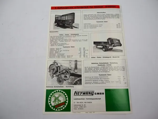 Original Prospekt Heywang Super Uni Einachs Stalldungstreuer Anhänger 1977