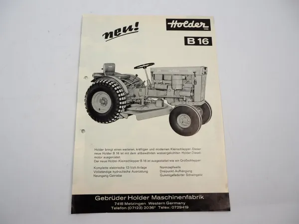Original Prospekt Holder B16 Kleinschlepper mit 12 PS 1970er Jahre