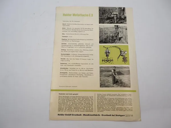 Original Prospekt Holder E3 Motorhacke mit 2,5 PS 1950/60er Jahre