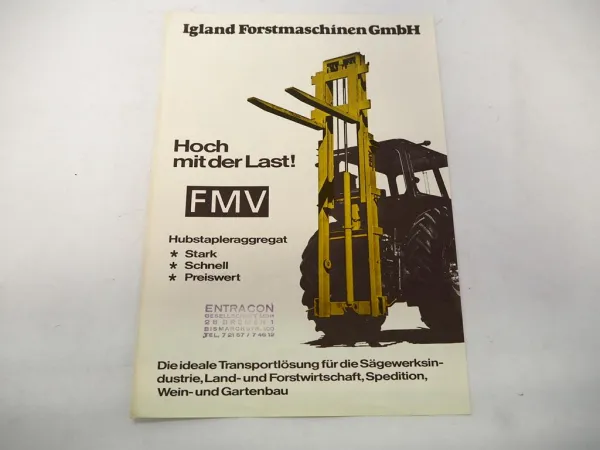 Original Prospekt Igland Forstmaschinen FMV Anbau Hubstapler für Schlepper