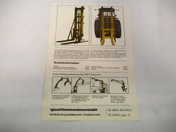 Original Prospekt Igland Forstmaschinen FMV Anbau Hubstapler für Schlepper