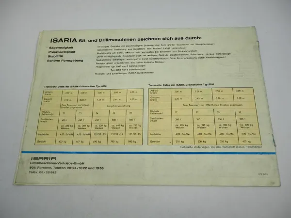 Original Prospekt Isaria 6000 6050 Sä- und Drillmaschinen mit 8 Seiten von 1974