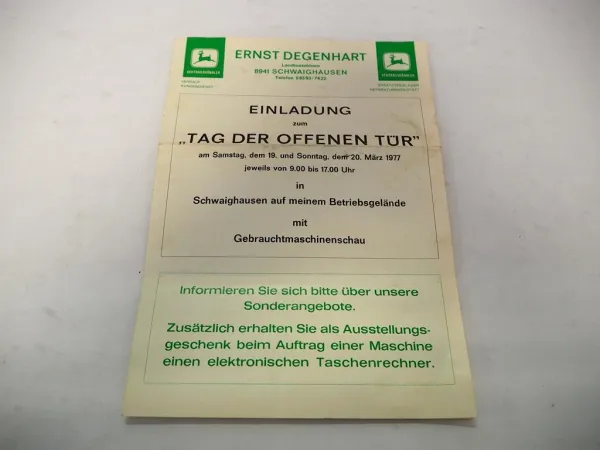 Original Prospekt John Deere Vertragshändler Ernst Degenhart Schwaighausen 1977