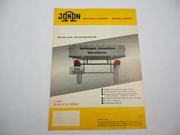 Original Prospekt Jokon Johann & Konen Beuel Rhein Leuchten f. Traktor Anhänger