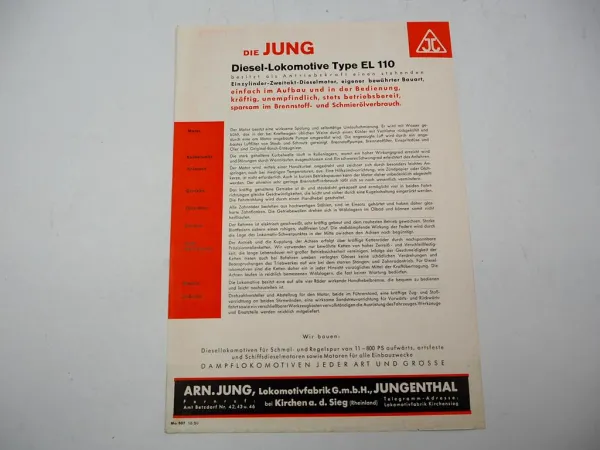 Original Prospekt Jung Jungenthal EL110 Diesel Lokomotive Schmalspur 1950