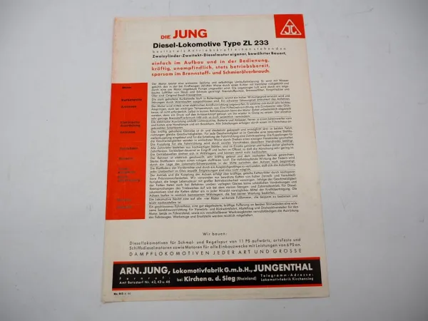 Original Prospekt Jung Jungenthal ZL233 Diesel Lokomotive 1950
