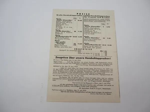 Original Prospekt Kaltenbach Handschlepprechen 1930er Jahre