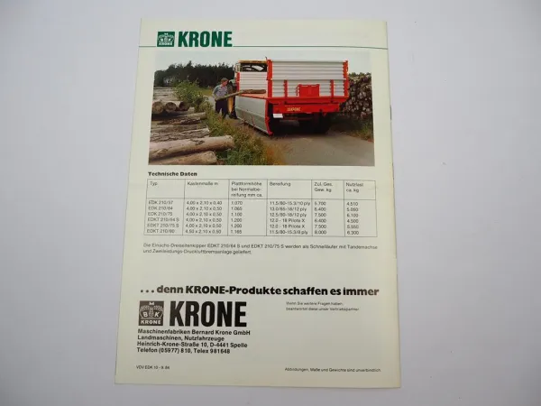 Original Prospekt Krone EDK 210 Kippanhänger Dreiseitenkipper Emsland 1984