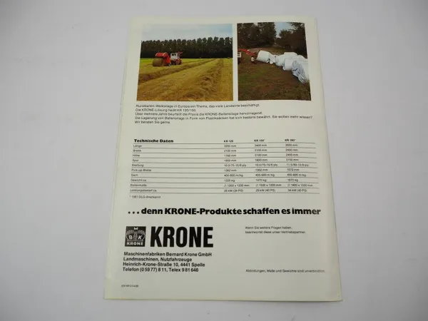 Original Prospekt Krone KR 120 150 180 Rundballenpresse 1982