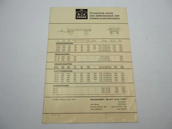 Original Prospekt Krone ZK EK DK KA KR Anhänger Kipper 1967 mit techn. Daten