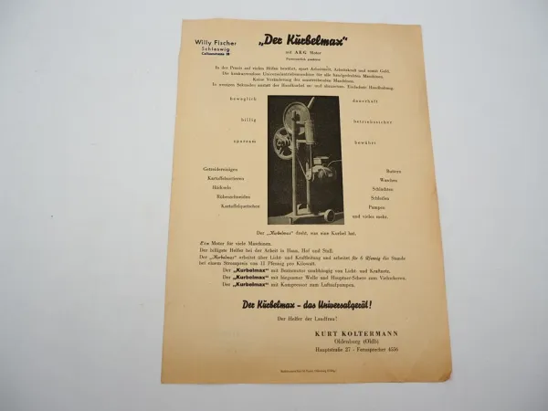 Original Prospekt Kurbelmax mit AEG Motor 1950er Jahre Kurt Koltermann Oldenburg