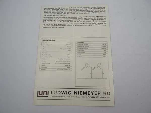 Original Prospekt Ludwig Niemeyer LUNI HL50 Hoflader ca. 1970er Jahre