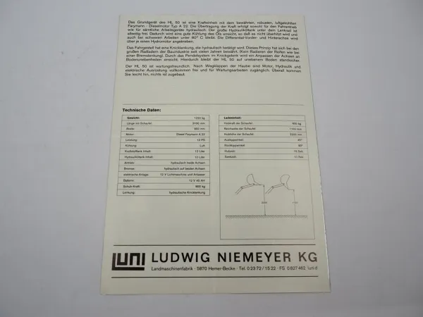 Original Prospekt LUNI Ludwig Niemeyer HL50 Hoflader ca. 1970er Jahre